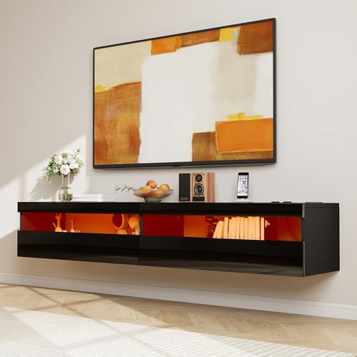 Winlice 180cm Schwebender TV-Schrank mit LED-Beleuchtung & Steckdose,Hochglanz Modernes Lowboard mit Stauraum,Wandmontierte TV-Kommode für 65/75/80 Zoll Fernseher,Schwarz