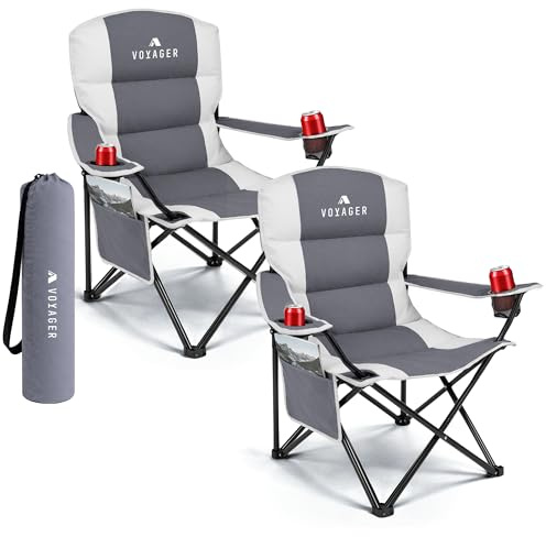 Voyager Folding Camping Chairs 2 Pack with Cooler Bag, Lightweight Q195 Steel Frame, 600D Oxford Fabric, Portable & Comfortable - Black (Grey, Padded)