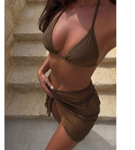 Ensemble de bikini 3 pièces pour femme avec jupe dos nu, haut de bikini triangle sexy, maillot de bain de plage, pour l'été, la piscine, les vacances, rose clair (S marron)