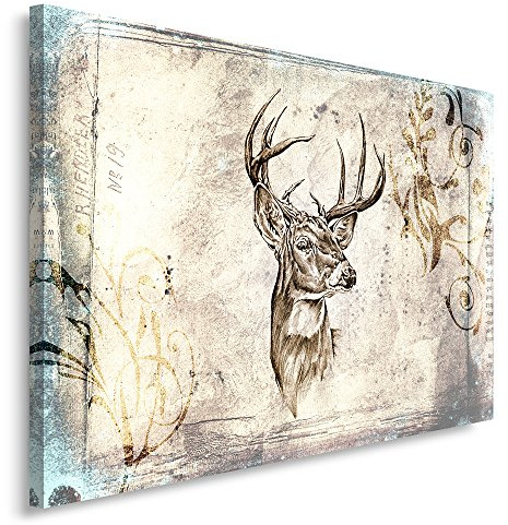 Feeby, Leinwandbild, Bilder, Wand Bild, Wandbilder, Kunstdruck 80x120cm, Hirsch, Muster, Sepia, SKANDINAWISCHER Stil, Vintage