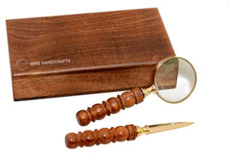 Handlupe mit 75?mm/7,6?cm Premium Messing gerahmt Lupe mit Holzgriff/Papier Messer & Box | B?ro Ware Dekorative Zoomen Objektiv | Lesehilfe