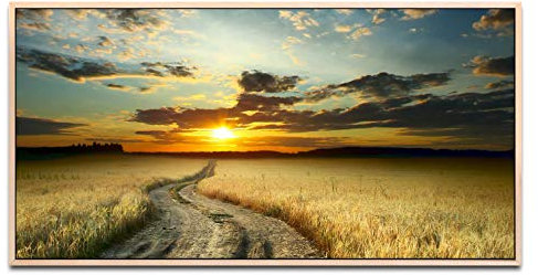 Landschaft mit Straße ca. 130x70cm Wandbild inklusive Schattenfugenrahmen naturfarbend - Panorama Leinwand Bild XXL Format Wandbilder Wohnzimmer Wohnung Deko Kunstdrucke
