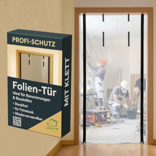 Green Home Staubschutztür Folie mit Reißverschluss Bautür [PE-Folie] 1,20 x 2,20 m inkl. doppelseitigem Klebeband und KLETTVERSCHLUSS