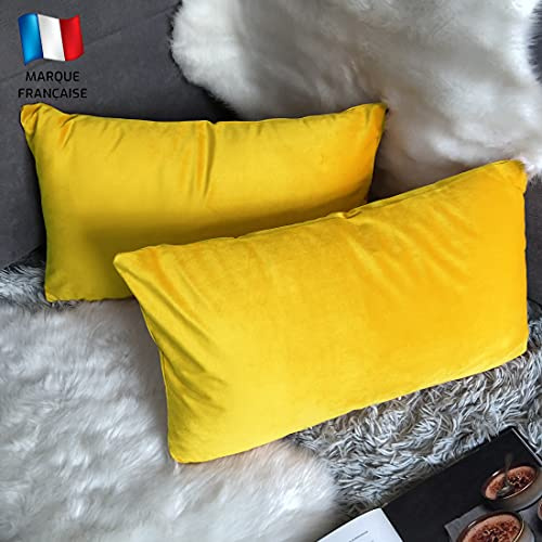 Douceur De Plumes Juego de 2 Fundas de cojín Amarilla 30x50 Terciopelo Decorativo Liso, Suave y Moderna Funda de Almohada Cuadrada, decoración escandinava Sala, sofá (2 Amarilla)