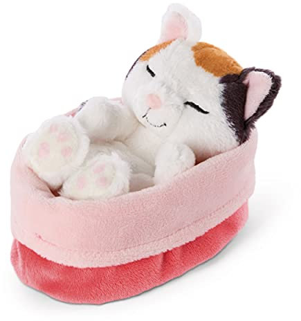 NICI 47143 Kuscheltier rot-rosanem Körbchen 16 cm – Sleeping Kitties Plüschtier Mädchen, Jungen & Babys – Stofftier Katze zum Kuscheln, Spielen & Schlafen – Gemütliches Schmusetier, Creme
