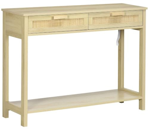 HOMCOM Console Table d'appoint dim. 100L x 30l x 76H cm 2 tiroirs façades cannage en rotin étagère MDF Aspect Bois Clair