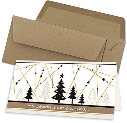20x Weihnachtskarten-Set DIN Lang in Weiß mit Weihnachtsbäumen und Sternen - Faltkarten mit Umschlägen DIN Lang Kraftpapier Sandbraun mit Nassklebung - Weihnachtsgrüße für Firmen und Privat