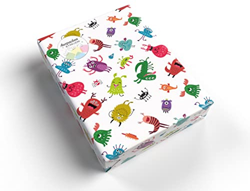 Geschenkpapier für Kinder Mädchen Junge Monster Geschenkpapier für kleine Geschenke für Geburtstag Weihnachten (5 Bögen + 5 Aufkleber Geschenke + 18 Verschlusspunkte)