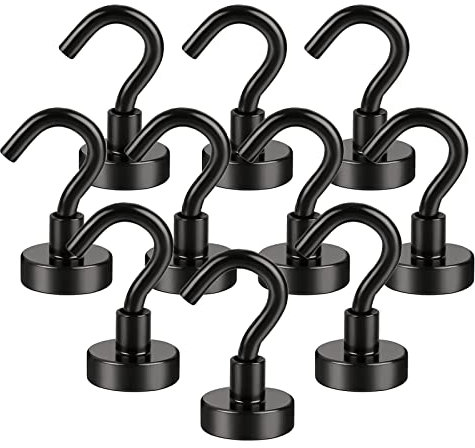 Anksixx Gancio Magnetico, 10PCS Potente Neodimio Magnete Gancio, 16mm Ganci Magnetici Ultra Forte, Magnete con Gancio per Cucina Camera da letto Bagno Armadietti Calamita da frigo (Nero)