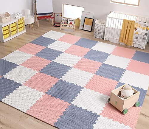 Skrsila Puzzle Mousse Bebe 18 Dalles - Tapis de Sol Imperméable et Antidérapant pour Enfant - 30 x 30 x 1,2 cm, Rose + Bleu + Blanc