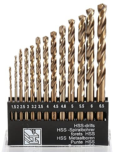 M35 - Juego de brocas métricas redondas con mango recto cobalto 1,5 mm-6,5 mm para acero inoxidable, metal duro, hierro fundido, cobre, plástico aluminio
