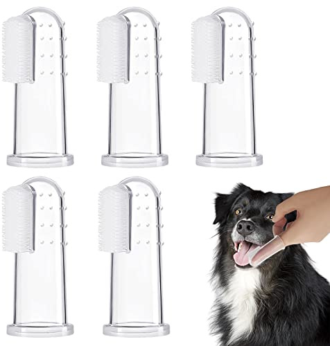 BLMHTWO 5 Pieces Dog Tooth Brushing Kit Finger Toothbrush for Dogs Cat Puppy Toothbrushs with Silicone Bristles and 16 Round Particles Thickened Silicone-Layer Transparent Dog Toothbrushs for All Pets