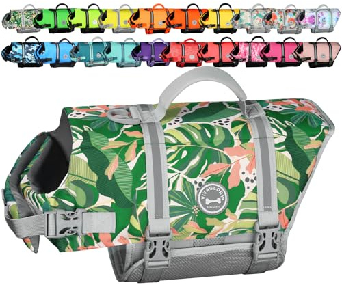 VIVAGLORY Dog Life Vest Rip Stop Dog Life Jacket, XS, Floral | High Visibility Ripstop for Doggy, Swimming Vest with Handle & Leash Ring for Boating & Swimming