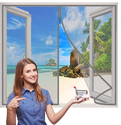 Insektenschutz Fenster Vorhang, 160x150 cm Insektenschutz Rollo selbstklebend, Insektenschutz Magnetischer Fliegenvorhang für BalkonFenster, Wohnzimmer- Grau H