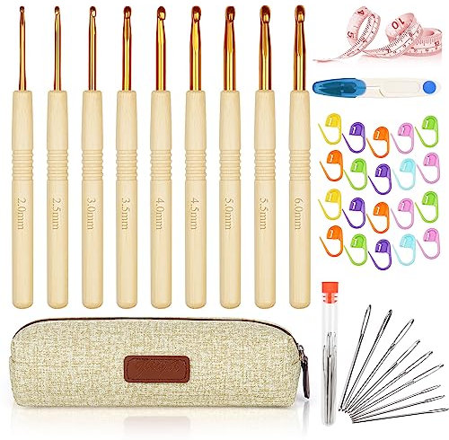 Aeeque Häkelnadel Set mit Ergonomischer Holzgriff, 9 PCS Bambus Häkelnadeln 2,0 mm - 6,0 mm, Praktisch Häkelnadel Set für Anfänger, Arthritis, Licht Häkelnadeln Set für Schal Socken Pollover