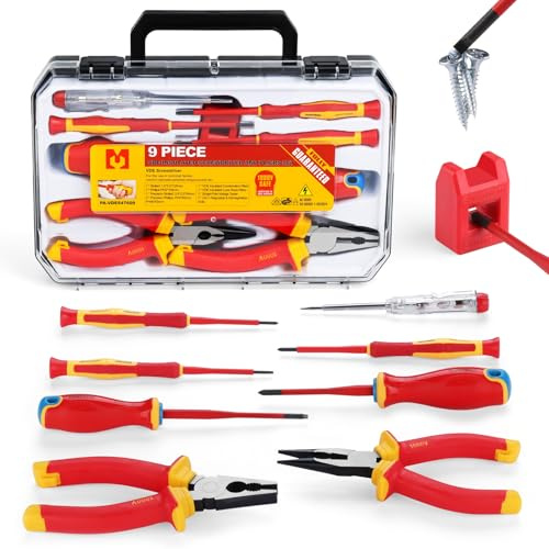 Mustbau Lot de 9 tournevis isolés VDE 1000 V, fente précise, kit cruciforme, pointe magnétique, aimant 2 en 1, idéal électricité, maison, bricolage