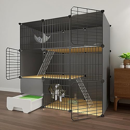 NUACOS Katzenkäfig, Katzengehege Outdoor DIY Kleintierkäfig, Gittergehege Katzenkäfig with Tur, für Kaninchen, Meerschweinchen, Welpen, Haustierprodukte,Schwarz,111x49x111cm1