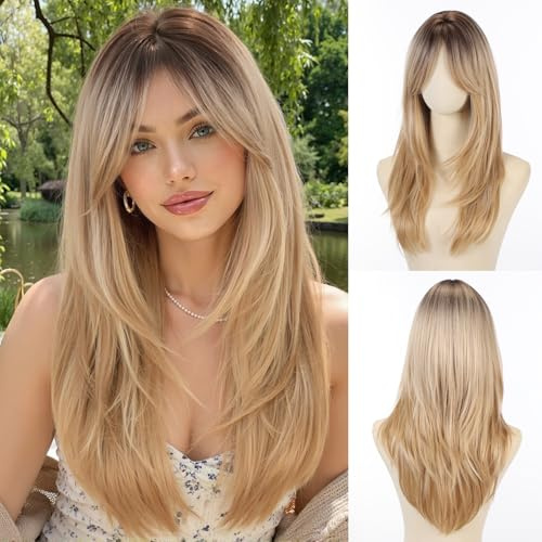 Allbell Ombre Blonde Perücken mit Pony Lange Schichten Syntehtic Perücken für Frauen Highlights Blondes Haar