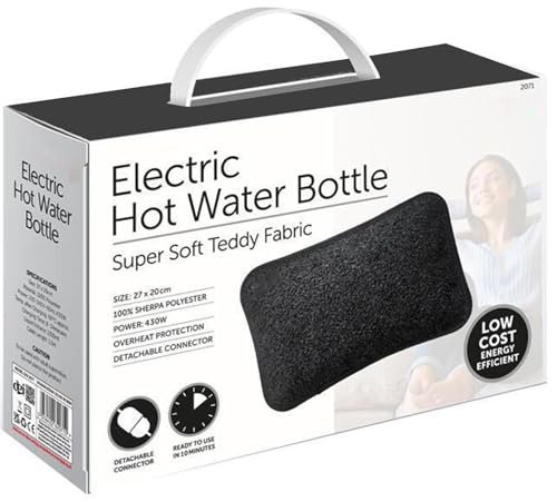 Rechargeable Electric Hot Water Bottle Ultra Plush Teddy Plush Bed Hand Warmer Massaging Heat Pad Cozy Fast Heating Auto-Shut Off Function Over-Heat Protection & No Refill Black