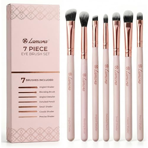 Lamora Eyeshadow Brush Set - Precision Eyeshadow Brushes For Blending Defining Smudging Shading Powdered and Liquid Eye Make-Up - 7 Pro Eye Makeup Brushes With Vegan Bristles