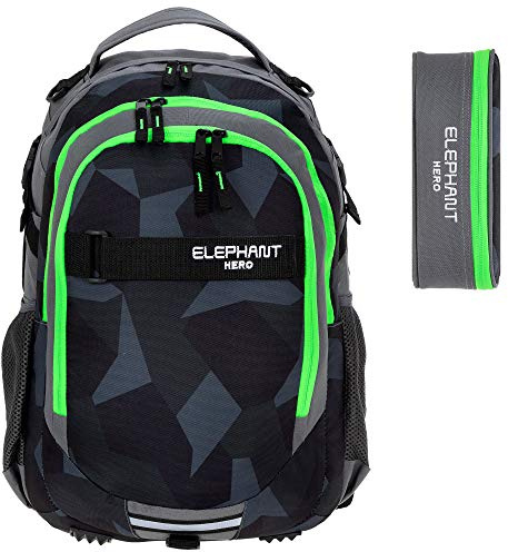 Elephant 2tlg. Set Schulrucksack Hero + Mäppchen12770 Cyber Camo Grün rm | Mädchen Jungen Grau Schwarz Rucksackset Mäppchenbox 2Teile Schule Rucksack mit Stifteetui