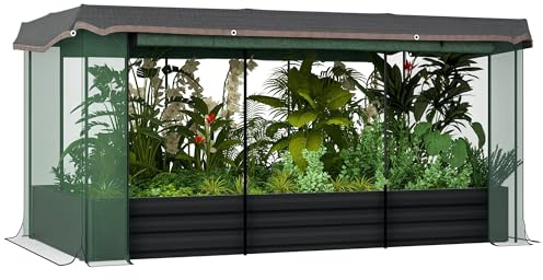 Outsunny Hög bädd stål, planteringslåda, blomlåda med fågelskyddsnät, solskydd, trädgårdsbädd för balkong, terrass, mörkgrå, 230 x 110 x 110 cm