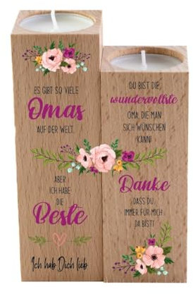 4you Design 2-er Set Kerzenhalter mit liebevollem Spruch – Für Deine Oma – hochwertiges Buchenholz im Detail graviert – Geschenkidee für Enkelkinder - 2 unterschiedliche Größen 12 & 14cm Höhe