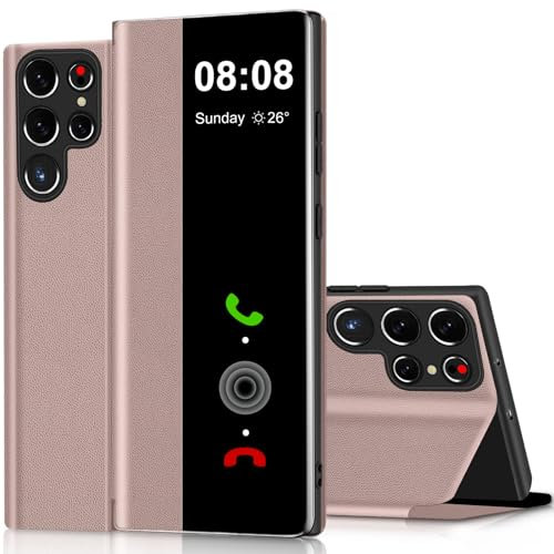 Handyhülle für Samsung Galaxy S23 Ultra 5G Hülle Clear View, für Samsung Galaxy S23 Ultra Hülle mit Ständer Klappbar Touchscreen View Flip Extra-Dünn Leder Schutzhülle Case, Cover Clear S View