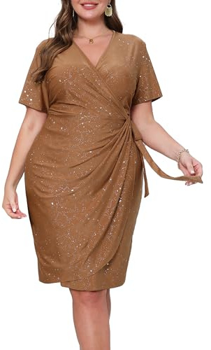 VERWIN Plus Size V-ringad klänning bälte kortärmad volang klänning glitter rynkad bodycon klänning glittrande fest kväll cocktail midi-klänning, Brun, 3XL