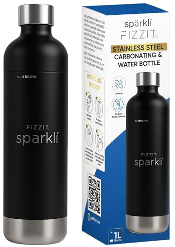 FIZZIT Black Stainless Steel Carbonation Bottle | Compatible with Some Soda Makers | Reusable Sparkling Water Bottle, Dishwasher Safe, BPA-Free (SSB-B)