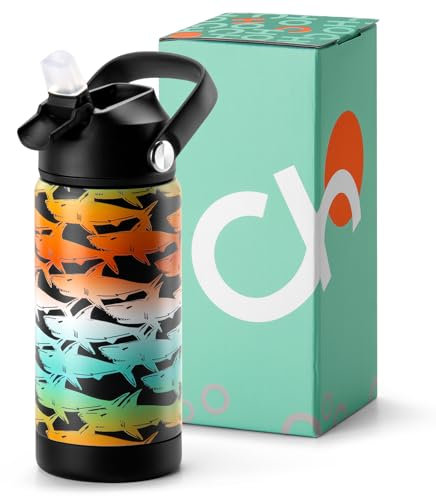 Choco Mocha Trinkflasche Kinder mit Strohhalm für Junge, Thermosflasche Kinder, Wasserflaschen für Schule 400ml, Auslaufsichere, BPA frei, Schwarzer Hai