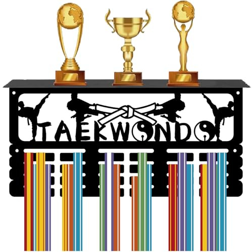 CREATCABIN Taekwondo Medaillenaufhänger Trophäenregal Medaillenhalter Mit Regalständer Sport 4 Reihe Metallrahmen Aufhängen An Der Wand Für 70+ Medaillen Basketball Wettkämpfe Bandmedaillen 40x20x10cm