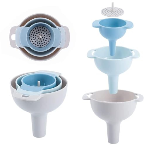Set of 4 Plastic Funnels BPA-Free - Multi-Size Food Grade Kitchen Funnel Kit with Filters for Oil, Liquids, Powder & Bottle Filling Includes Large Small Mini Sizes