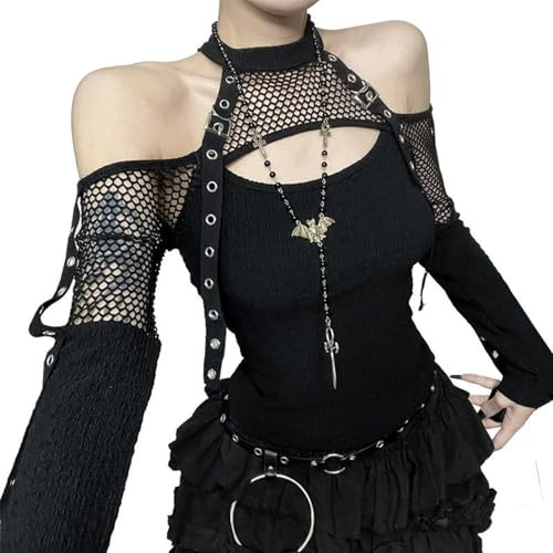 YINGWIN Women Emo Cold Shoulder Crop Top Gothic Alternative Tops Black L