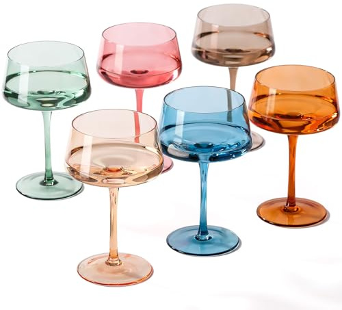 Comfit Hand Blown Colored Coupe Glasses Set of 6-13oz Large Crystal Martini, Cocktail & Champagne Glasses -Cute & Colorful Cocktail Glassware-Perfect for Bar, Cocktails, Martinis-Wedding Gifts