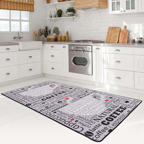 miqna Teppich Moderner Küchenteppich Gel Läufer Küchenläufer Grau Weiß Schwarz mit rutschfestem Bodenmuster mit Schriftzug Coffee Macchiato (Peasant, 60 x 150 cm)
