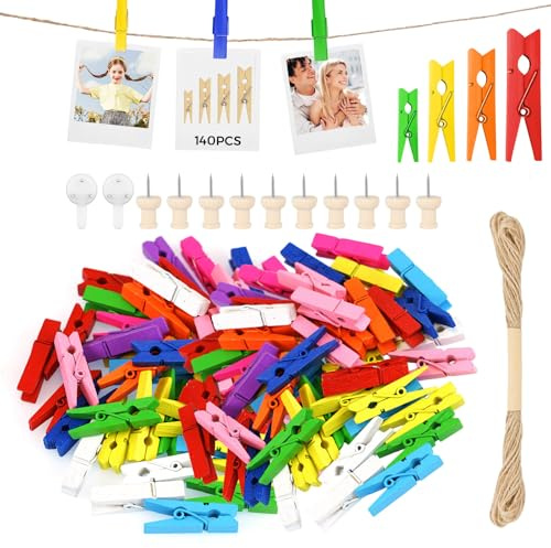 HavaCue Lot de 140 Mini Pince à Linge Bois Couleur 2.5/3/3.5/4.5CM Mini Pince à Linge Mariage Petite Epingle en Bois pour Photo pour Polaroid Photo avec 10M Corde de Jute DIY Epingle Photo