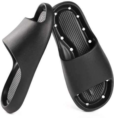 GETOEU Shower Shoes for Women and Men Massage Slide Sandals Soft Cushioned Anti-Slip Pool Slides Comfort Arch Support Quick Drying Shower Shoes with Drain Holes Bathroom Slides Slippers,Black,9-10 Women/7.5-8.5 Men