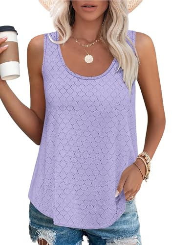 Chicrise Camiseta Mujer Verano Cuello Redondo con Ojales Holgado Top Sin Mangas Casual Basica Elegante Blusas Lila Pequeño 34-36