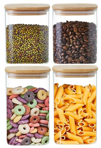 MESNEY Barattoli per alimenti in vetro da 1600 ml con coperchio in bambù (set da 4) – Contenitori ermetici, impilabili ed ecologici per cucina, dispensa e altro – ideali per prodotti secchi, snack,