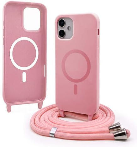 Magnetica Cover con Cordino per iPhone 12 Mini,[Compatibile con MagSafe], Cover in Silicone, Regolabile Cordino da Collo Nylon Catena Collana Tracolla,Rosa