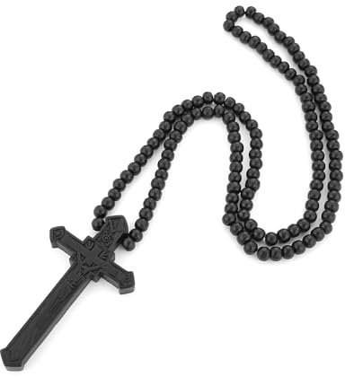 HZMAN große natürliche Holzkreuz Kreuz Halskette für Herren Handgefertigte Gebet Rosenkranz Perlen Halskette Anhänger Katholischer Schmuck Geschenk