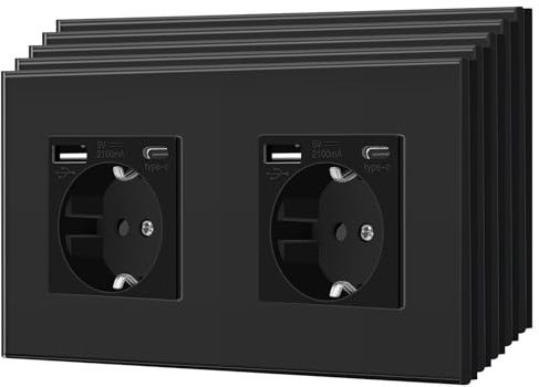 BSEED Wandsteckdose, Standard-Schuko-Stecker, 2.1A USB C, Glasplatte, Kindersicherung, einfache Installation, 2 USB-Stecker, 5 Packungen, 157 mm, Schwarz