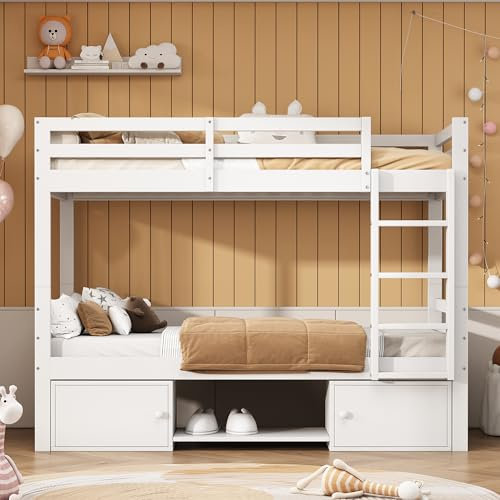 roomfitters Etagenbett mit Schrankfächern und Schuhregal, teilbares Massivholzbett mit Zwei Schlafplätzen, Weiß