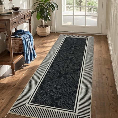GEANUP Modern Schwarz Teppich Läufer Flur 60x180 cm Waschbar Küchenteppich | Gestreifter Küchenteppich rutschfest, Weich Faux Wool Schlafzimmer Teppich, Boho Indoor Korridor Carpet für Eingang