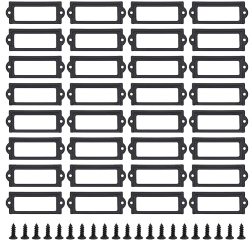 MAYJOYDIY 40 Stück Schwarze Etikettenhalter Aus Metall 83×32mm Für Büro Dateinamenskarten Schrankregale Schubladen Etikettenhalterrahmen Mit Schrauben Für Bibliotheks Büro Und Notizbücher