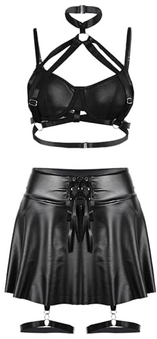 Ausing läderklänning set dam läder linne minikjol PU string mesh festklänning wetlook kostymer festival party rave klubb outfit, svart, XL