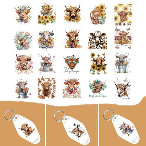 UV DTF Transfer Keyring Sticker - 8 Sheet Highland Cow Butterfly Sunflowers Decals Stickers Car Hotel Keychains Labels Decorative Wraps for Acrylic Hotel Keychain Card Home Decoration Supplies
