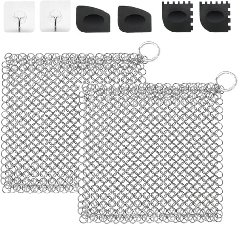 2 Stück Gusseisen Reiniger, 10×10cm Ringreiniger Dutch Oven | 304 Edelstahl Kettenschrubber mit Grillschaber und Selbstklebende Haken,Chainmail Scrubber für Woks,Grillpfannenoder,Teekanne