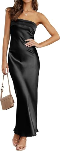 Abito da donna 2025 in raso, senza spalline, aderente, maxi abito estivo per matrimonio, Nero , L